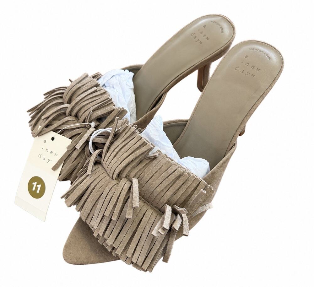 A New Day Women’s Size 10 Taupe Fringe Mule Heels Memory Foam Slip On